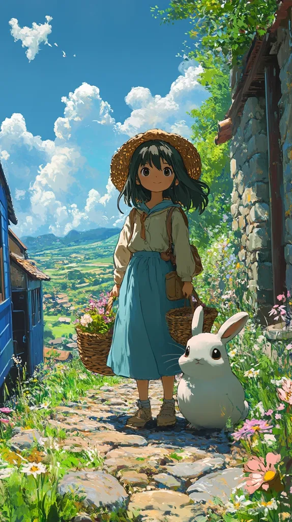 A young girl with long dark hair, wearing a straw hat and a blue dress, walks down a cobblestone path. She carries a basket of flowers and is accompanied by a white rabbit. The scene is set in a picturesque countryside with rolling green hills and a blue sky with fluffy clouds. The image evokes a sense of peace and tranquility.