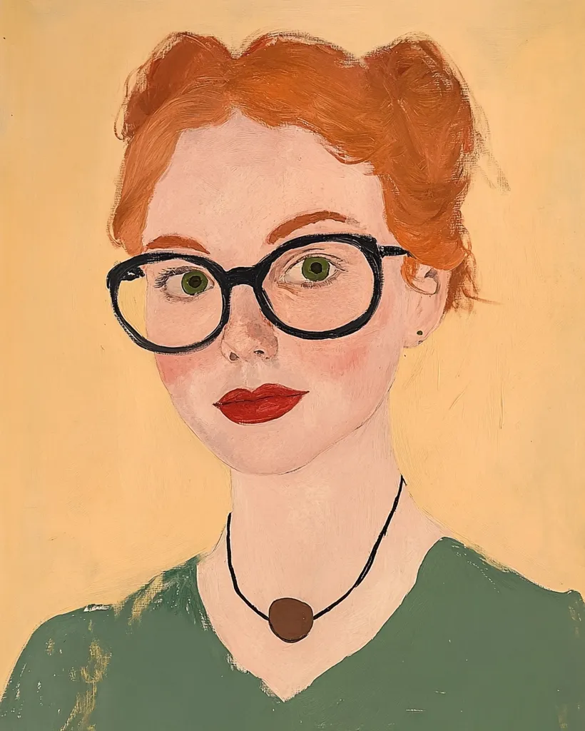 The painting depicts a young woman with red hair styled in two buns. She is wearing round, black-rimmed glasses, a green shirt, and a necklace with a brown pendant. Her lips are painted a bright red, and she has a gentle expression on her face. The background is a warm, pale yellow. The artist's use of color and detail creates a realistic and captivating portrait.