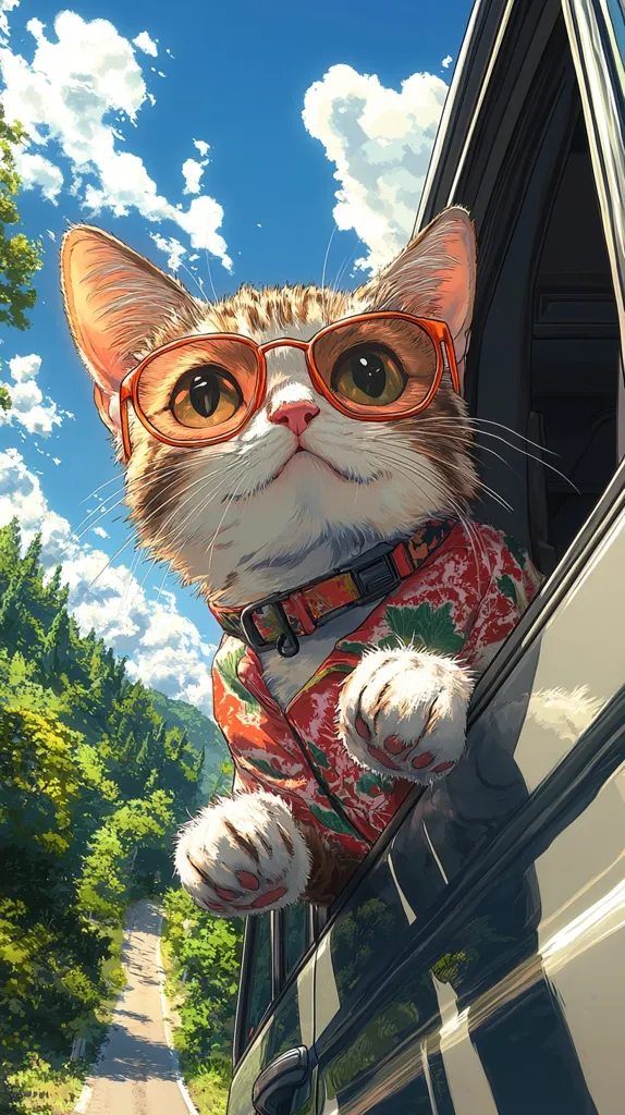 A cat wearing orange sunglasses and a red and green shirt leans out of a car window. The cat has a curious expression and its paws are visible. The background is a sunny day with a blue sky, white clouds, and green trees. The cat is looking at the camera.  The scene is a whimsical depiction of a cat on a road trip.