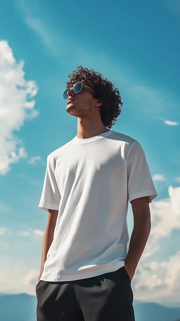 A young man with curly hair is wearing a white t-shirt and black pants. He is looking up at the sky, which is a bright blue with white clouds. The man is wearing sunglasses and has a relaxed and carefree expression on his face.  The image evokes a sense of summer and freedom.