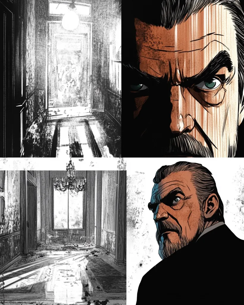 The image is a comic book style illustration depicting a man in a dark, old house.  The top left panel shows a hallway with an open doorway leading to a dimly lit room. The top right panel shows the man's face, which is drawn with sharp lines and intense eyes. The bottom left panel shows the hallway again, but this time it is lit by a window at the end. The bottom right panel shows the man from behind, wearing a suit and looking back over his shoulder. The overall tone of the image is dark and suspenseful.