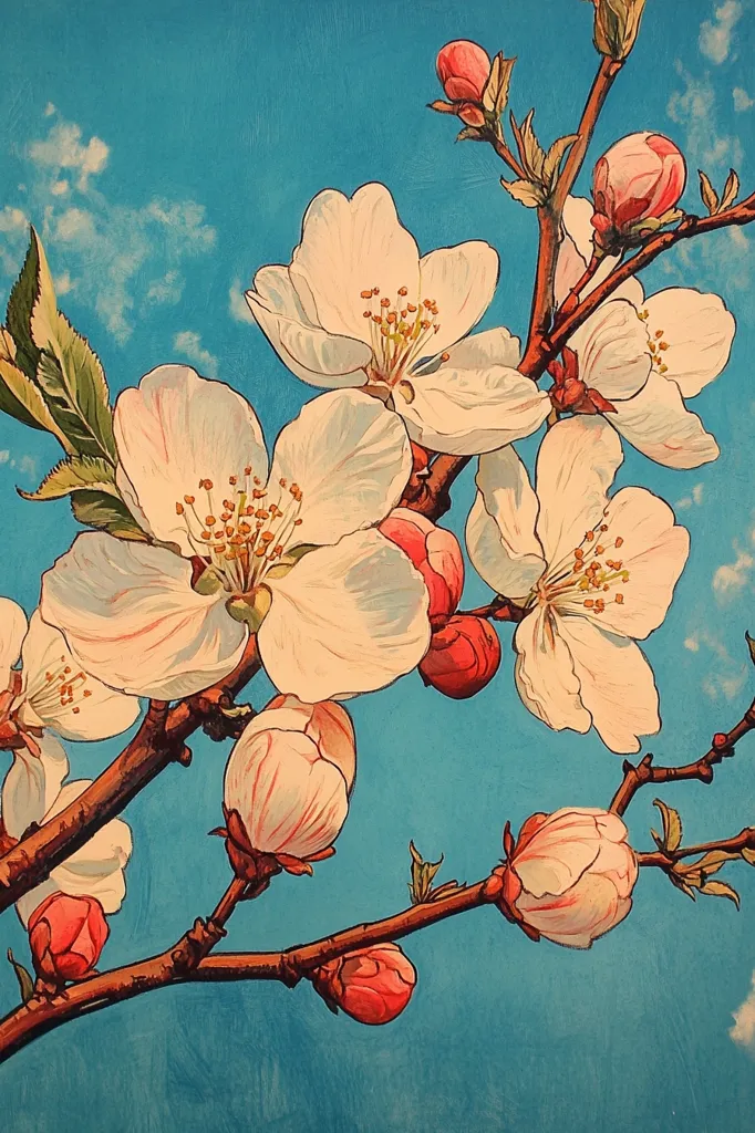 A close-up of a flowering branch against a blue sky. The delicate, white petals of the blossoms are illuminated by the sun, casting a soft glow. The branch is adorned with both fully open flowers and buds, showcasing the cycle of growth. The painting captures the beauty and fragility of nature, evoking a sense of springtime renewal.