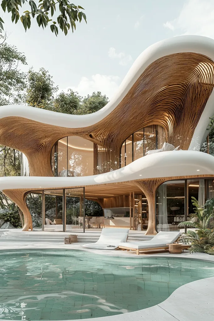 The image showcases a modern, organic home with a unique, flowing design. The exterior features a striking blend of white and wood, creating a natural, yet futuristic aesthetic. Large windows offer stunning views of the surrounding lush greenery. The home's design seamlessly integrates with the environment, creating a harmonious blend of architecture and nature. The image also captures a serene swimming pool, reflecting the surrounding natural beauty, inviting relaxation and tranquility. The overall image evokes a sense of sophistication, luxury, and a close connection to nature.