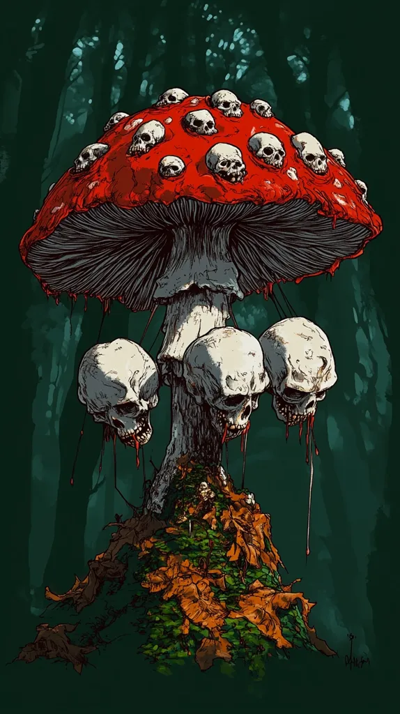 A large, red mushroom with a white stem stands in a dark, green forest. The mushroom is covered in a pattern of white skulls. Four more skulls hang from the underside of the mushroom, dripping a viscous, red liquid. The mushroom is nestled in a bed of brown leaves and green moss.  The image has a dark and eerie feel.