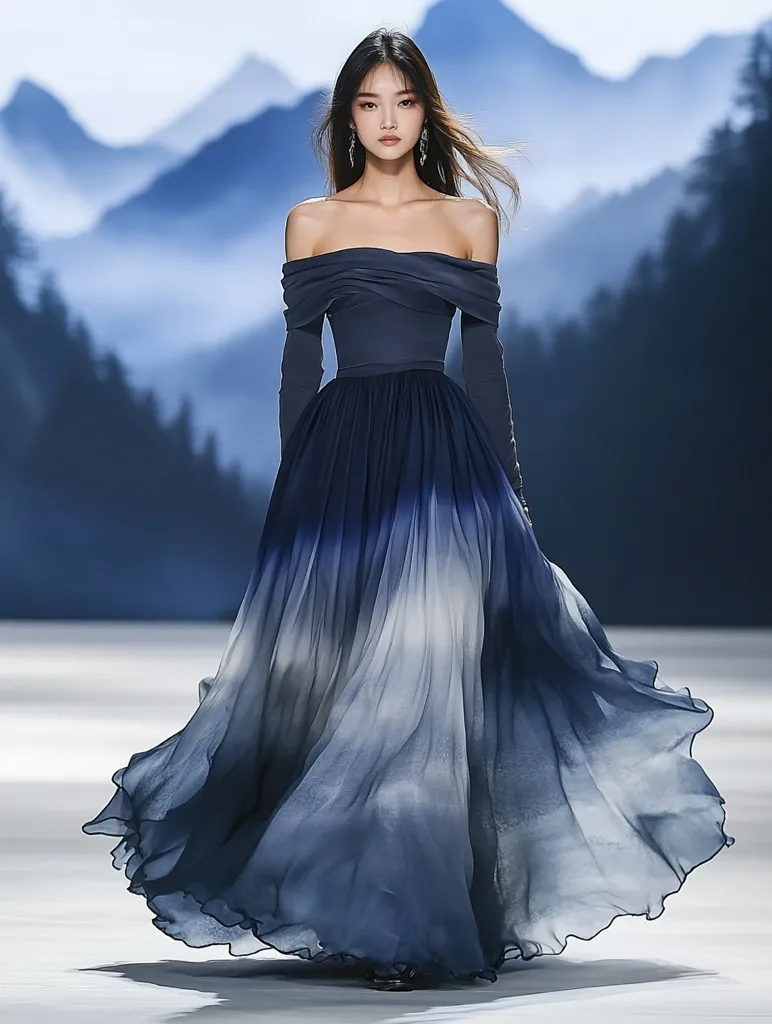 A woman in a long, flowing, ombre gown walks down a runway.  The gown is a deep blue at the top and fades to a lighter shade of blue and white at the bottom. Her hair is long and dark, and she is wearing minimal makeup. The background is a blurry image of mountains and clouds, giving the impression of a dreamy, ethereal scene.