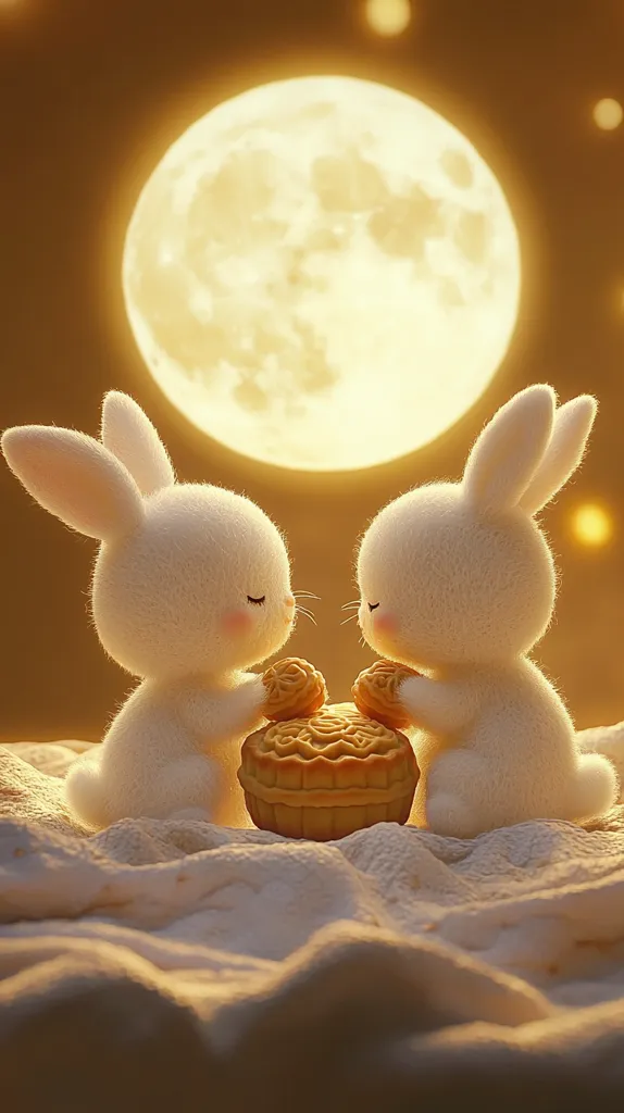 Two adorable white bunny rabbits, with large, fluffy ears, sit on a soft, white surface. They are facing each other, each holding a mooncake. The background features a large, glowing moon in a soft, golden sky. The image conveys a sense of sweetness, innocence, and joy.  The bunnies' gentle expressions and the glowing moon suggest a peaceful and enchanting setting.