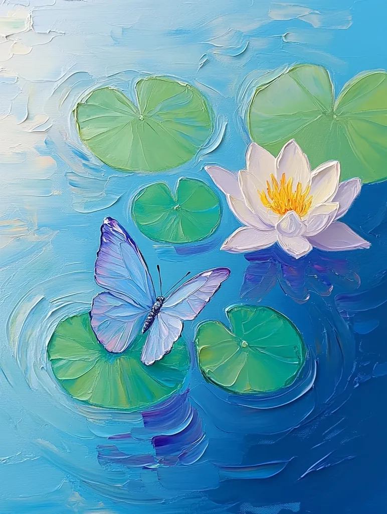 The painting depicts a serene pond scene with vibrant colors. A delicate blue butterfly rests on a lily pad, its wings spread wide. A white water lily with a yellow center blooms in the center of the painting, surrounded by green lily pads. The blue water is textured and reflects the light, creating a sense of depth. The overall impression is one of peace and tranquility.