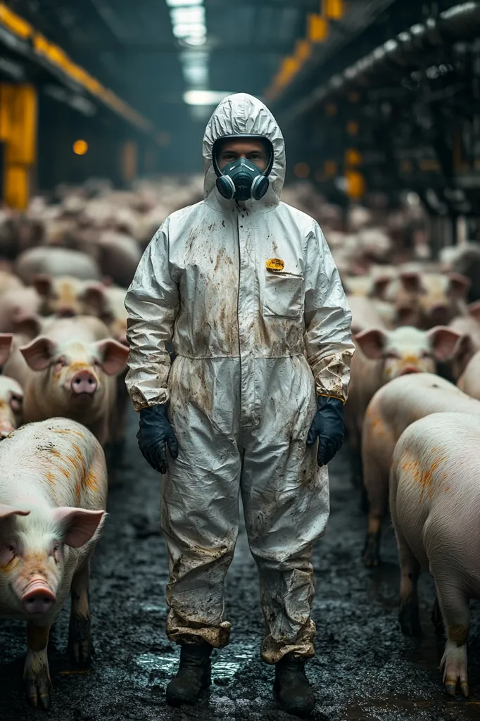 A person in a white hazmat suit and a respirator mask stands in the middle of a pen of pigs. The suit is covered in dirt and grime, and the person's expression is serious. The pigs are clustered around the person, and some of them are looking at the camera. The scene is a reminder of the human impact on animal agriculture and the need for safety precautions.