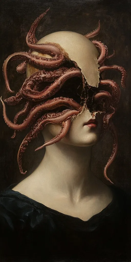 The painting depicts a woman with pale skin and a black dress. Her head is partially covered by an octopus, its tentacles wrapping around her face and obscuring her eyes. The octopus's fleshy skin and suckers are rendered in intricate detail, creating a sense of both beauty and horror. The woman's expression is calm, suggesting an acceptance of her fate. The painting is a dark and unsettling exploration of the themes of identity, control, and the merging of human and animal.