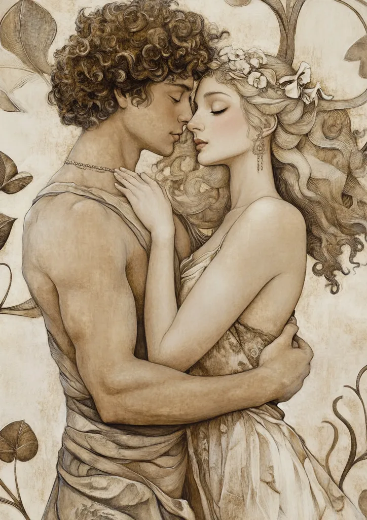 The image depicts a couple embracing in a loving embrace. The man, with curly brown hair, is holding the woman close. The woman's hair is long and flowing, adorned with a floral crown. The image is rendered in sepia tones, creating a romantic and timeless feel.  The couple's eyes are closed, suggesting intimacy and a shared moment of peace. The composition emphasizes the closeness of the couple, highlighting their deep connection and affection for each other.  The image is likely a depiction of love and devotion.