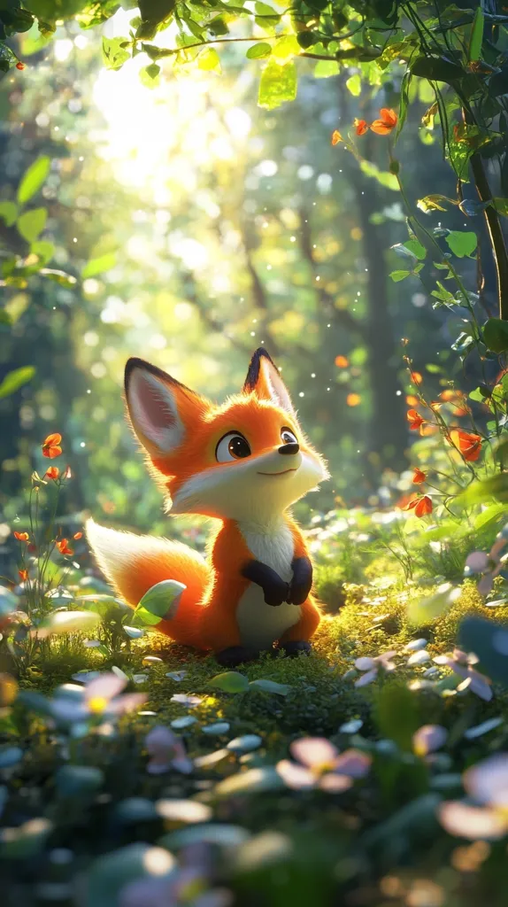 A cartoon fox sits in a lush forest, surrounded by green foliage and delicate pink flowers. The sun shines brightly through the leaves, casting a warm glow on the scene. The fox looks up with a curious expression, its fluffy tail curled behind it. The image is a whimsical depiction of a woodland scene, with a sense of peace and tranquility.