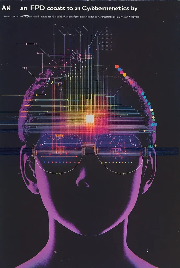 The image is a retro-futuristic illustration of a person with a bright, colorful, and glowing "brain" made up of lines and circuitry. The person is wearing glasses with a similar design. The colors are bright and bold, and the overall style is reminiscent of the 1980s. The image is abstract and surreal, and it suggests a concept of cybernetics, artificial intelligence, and the integration of technology with the human body. The title "An FPD coats to an Cyberbenetics by" suggests a connection to futuristic technology.