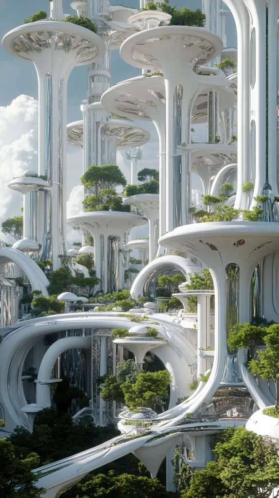 The image depicts a futuristic cityscape with towering structures that resemble giant white mushrooms. The buildings are interconnected by walkways and bridges, creating a complex network of paths. Lush green trees and vegetation thrive throughout the city, offering a vibrant contrast to the sleek, white architecture. The sky is a mix of bright blue and fluffy white clouds, suggesting a utopian environment.