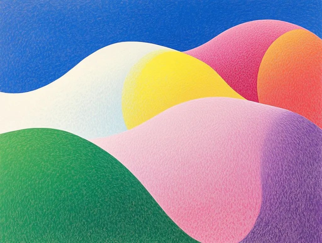 The image is an abstract artwork featuring a series of overlapping, rounded shapes in vibrant colors. The top portion is a deep blue, with a white shape partially obscuring it. Below this, a yellow shape sits atop a pink shape, which itself sits atop a purple shape. The bottom portion of the image features a bright green shape. The overall effect is a playful and colorful abstract design.