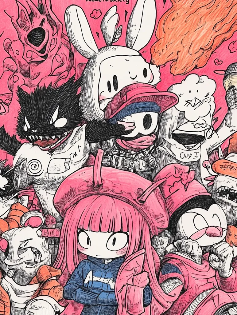 A chaotic group of cartoon characters, drawn in black ink and colored with pink, red, and orange, huddle together in a seemingly nonsensical scene. One character, a young girl with pink hair and a red hat, stands out from the crowd with a determined look in her eyes. She is surrounded by a variety of strange creatures, including a black and white rabbit with a red cap, a masked figure with a skull for a face, and a dog-like figure with a red nose. The background is a hazy blur of pink and orange, suggesting a sense of unease or excitement.  The image is likely a playful and humorous take on modern society.