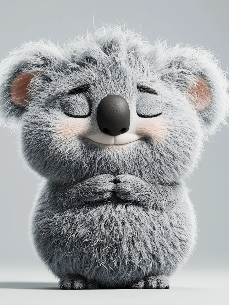 The image shows a fluffy, cartoon koala bear sitting with its eyes closed and paws clasped in front of it. It is very soft-looking and has a big, cute smile on its face. The koala has a black nose and big, round ears. The background is a simple grey color, which helps to highlight the koala's adorable features. The koala appears to be meditating or praying.  The image evokes a sense of peace and serenity.