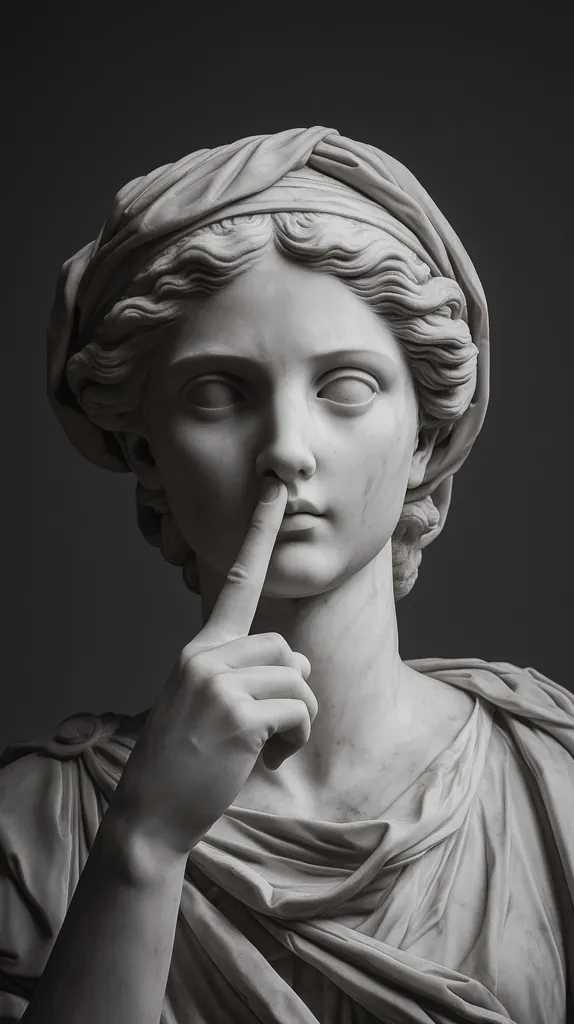 A marble sculpture of a woman with a serene expression, her right hand raised to her lips in a gesture of silence. She is adorned in a simple drapery, her hair pulled back in a knotted bun. The statue is rendered in a classic style, highlighting the delicate features of the woman's face and the smooth contours of her body. The image evokes a sense of mystery and contemplation.