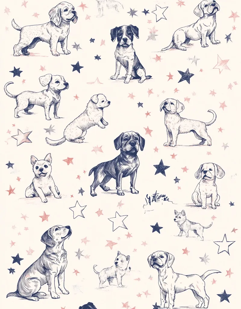 The image is a seamless pattern of dogs and stars. The dogs are of different breeds and sizes and are drawn in a simple, sketchy style. The stars are pink and blue and are scattered randomly across the background. The overall effect is playful and whimsical.