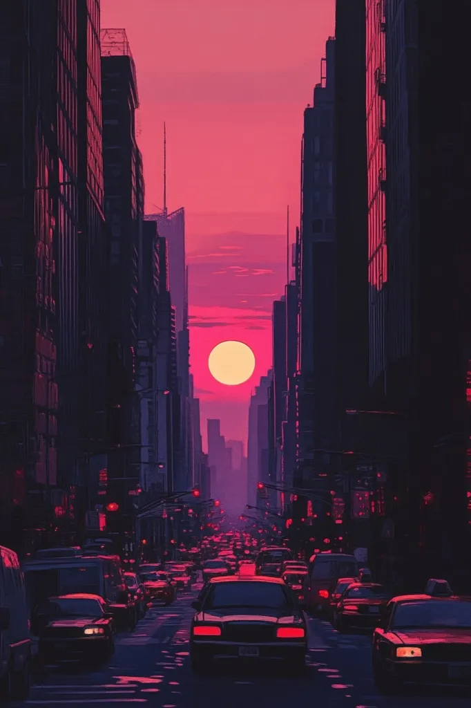 The image depicts a city street at sunset. Tall buildings line the street, creating a narrow canyon effect. A large, bright orange sun hangs in the sky, casting a warm glow over the scene. Cars drive down the street, their headlights cutting through the twilight. The image has a moody, atmospheric feel, and the silhouettes of the buildings and cars create a sense of mystery and intrigue.