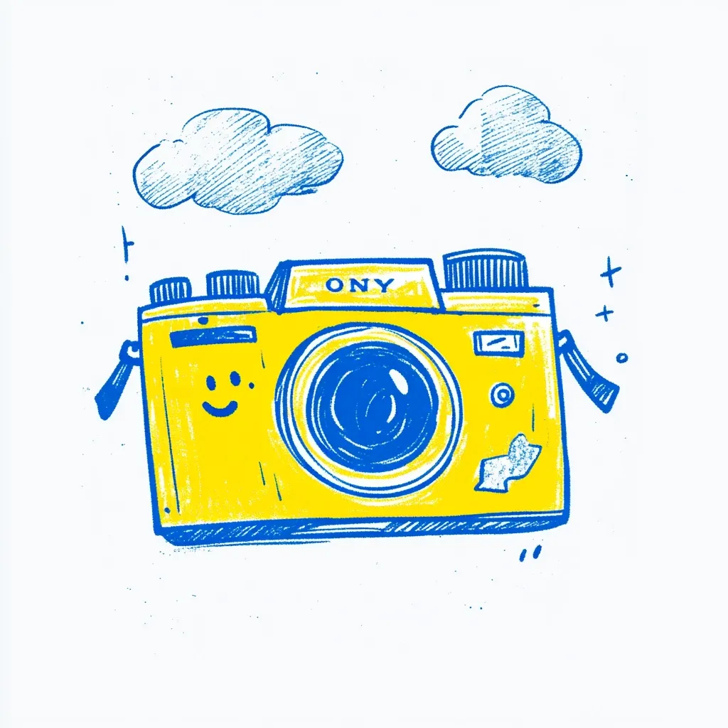 A hand-drawn illustration of a yellow camera with a blue lens. The camera has a smiling face drawn on the side and the words "ONY" written on the top. The camera is surrounded by two clouds. The drawing is done in blue and yellow and has a rough, textured look.