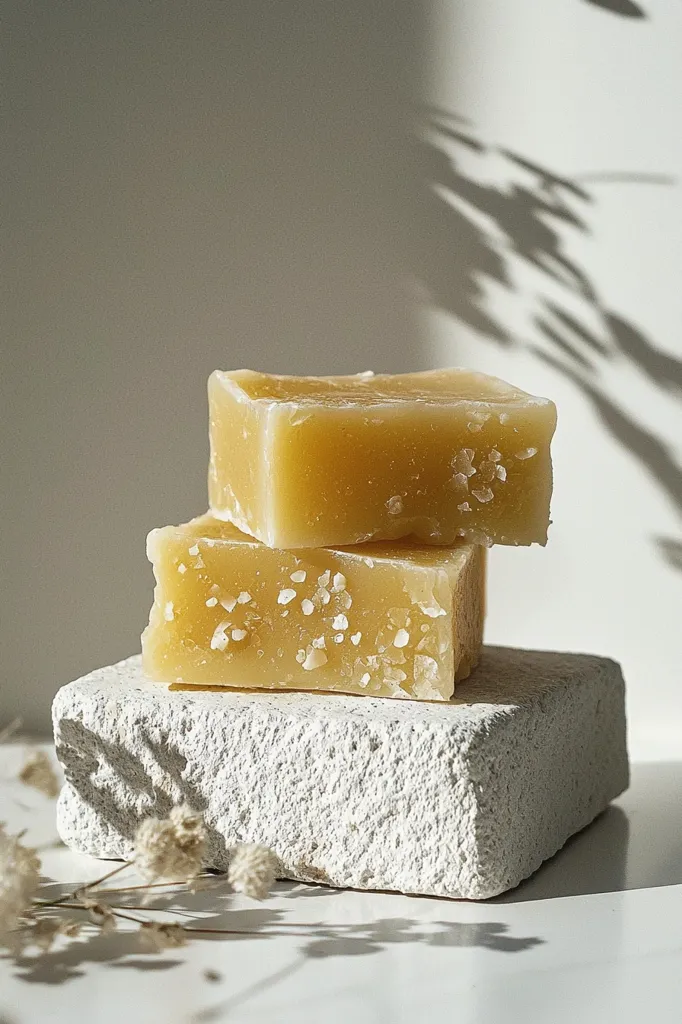 Two bars of soap, one stacked on top of the other, sit on a white, textured platform. The soap bars are a light, golden yellow color and flecked with white specks. The background is a simple white with soft, light shadows.  The image has a clean, minimalist aesthetic.