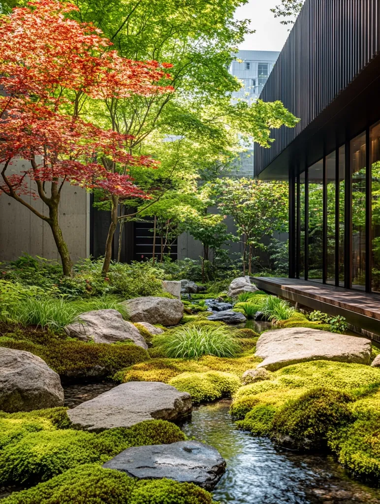 A serene Japanese garden features a winding stream that flows through a bed of moss and rocks.  Large boulders line the path, providing a natural, rustic feel. Lush green foliage provides a backdrop to the scene, creating a sense of peace and tranquility. A modern building with dark wood siding stands in the background, offering a striking contrast to the natural elements of the garden. The scene is illuminated by the warm glow of the sun, casting long shadows that enhance the depth and dimension of the space.