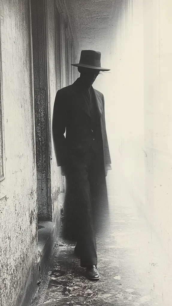 A man in a fedora and suit walks away from the camera down a narrow hallway.  His face is obscured by the shadow of his hat. The hallway is dimly lit and the walls are textured, adding a sense of mystery and intrigue to the scene.  The man's stride is purposeful and confident, and the overall image evokes a sense of secrecy and enigma.