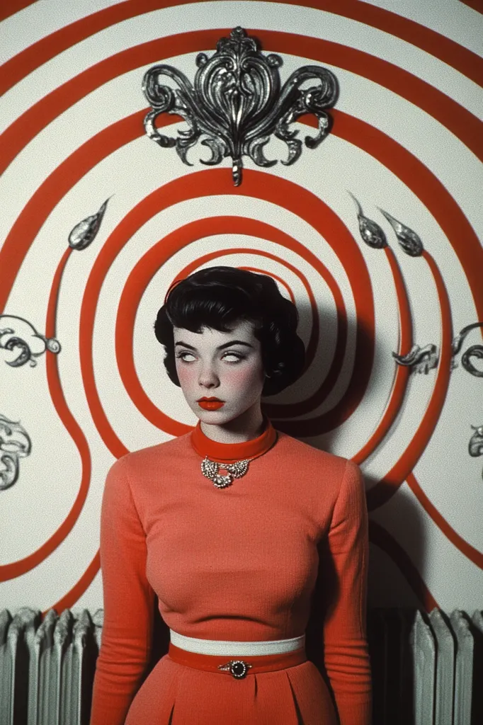 The image shows a woman with dark hair and pale skin, standing in front of a red and white swirling target pattern. She is wearing a red turtleneck sweater and skirt, and her eyes are wide open. A large, ornate silver design hangs above her head, adding to the strange and unsettling atmosphere. The image evokes a sense of mystery and possibly even danger.