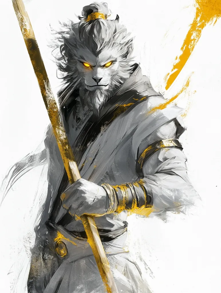 The image is a digitally painted portrait of a white-furred, humanoid creature with a lion-like face. They are holding a large, gold-colored staff with their right hand and have glowing, yellow eyes. They are wearing a white, long-sleeved robe with gold accents around their wrists and waist. The background is a blurry, white and yellow wash that evokes a sense of movement. The overall style of the artwork is somewhat reminiscent of Asian brush painting. The creature appears strong and powerful, and the image has a mystical and otherworldly feel.