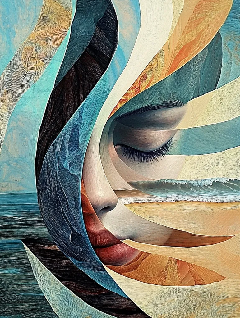 The image is a close-up of a woman's face, partially obscured by swirling, abstract shapes. The shapes are reminiscent of water and sand, creating a sense of fluidity and motion. The woman's eye is visible, closed and serene, while her lips are slightly parted. The overall effect is dreamy and enigmatic, suggesting a connection between the woman's inner world and the natural elements. The use of texture and color adds depth and complexity to the image.