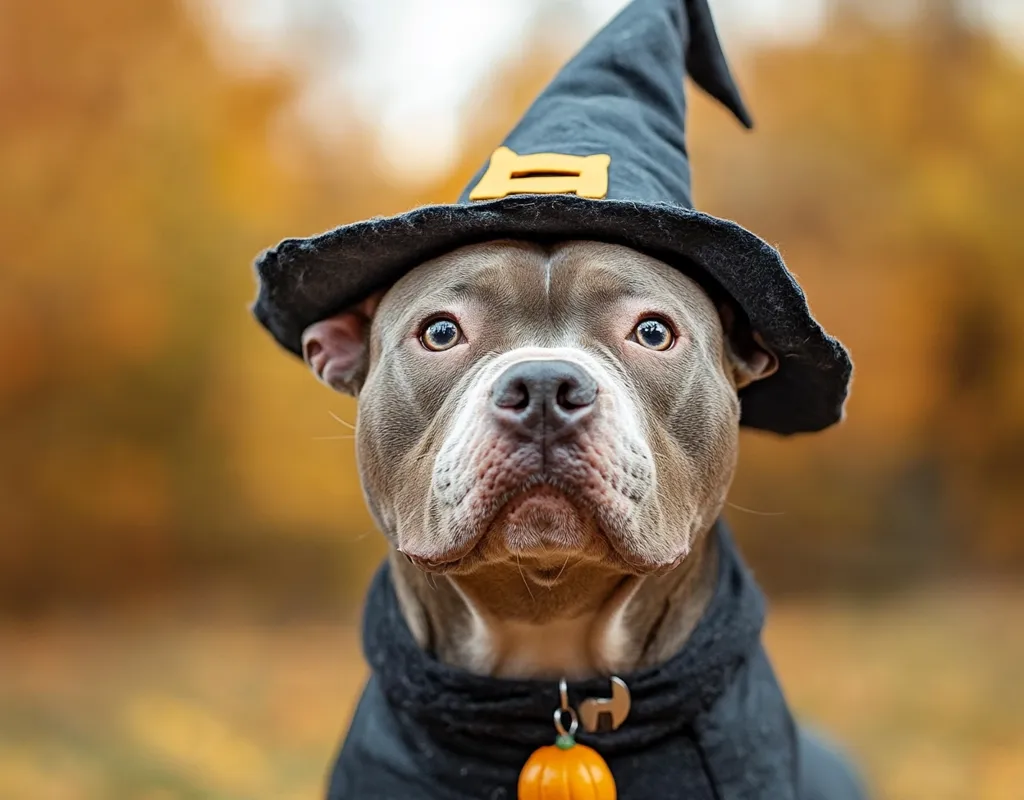 A gray and white pit bull wearing a black witch hat with a golden buckle and a black jacket with a small orange pumpkin hanging from its collar. The dog has a serious expression and looks directly at the camera. The background is a blurred out fall foliage. The dog appears to be dressed up for Halloween.