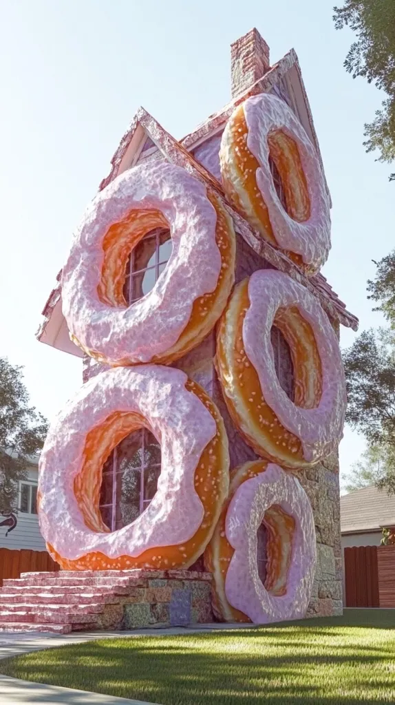 A whimsical house is constructed entirely of giant donuts. The donuts have pink frosting and sprinkles, and they are stacked on top of each other to form the walls of the house. The house has a small chimney and a set of stairs leading up to the front door. The house is surrounded by green grass and a blue sky. It looks like something out of a children's storybook.