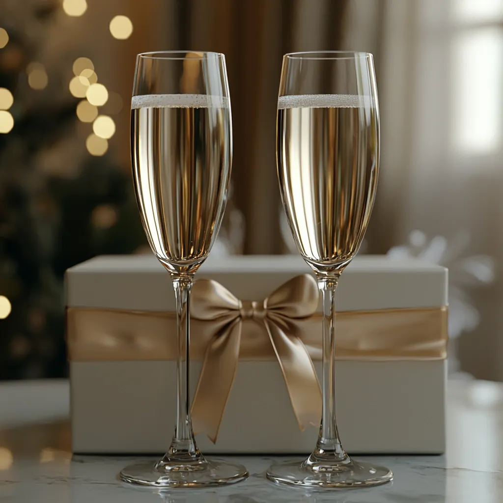 Two champagne flutes filled with sparkling wine are set on a white surface, partially obscured by a white gift box with a beige satin ribbon. The backdrop is a blurred image of a warm, festive setting with soft lights and an out-of-focus background. The scene evokes a sense of celebration and romantic occasion.