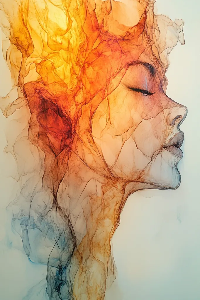 The image is an abstract portrait of a woman's face, rendered in swirling, translucent layers of orange, yellow, and blue. Her eyes are closed, and her lips are slightly parted, as if she is lost in thought. The composition is reminiscent of smoke or flowing water, creating a sense of ethereal beauty and mystery. The overall effect is one of peace and serenity.