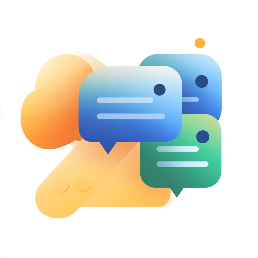 The image shows three chat bubbles, one blue, one green, and one light blue, with a yellow cloud shape behind them. The chat bubbles have text lines and small circles on them. The cloud is partially obscured by the chat bubbles. This image suggests communication and interaction.