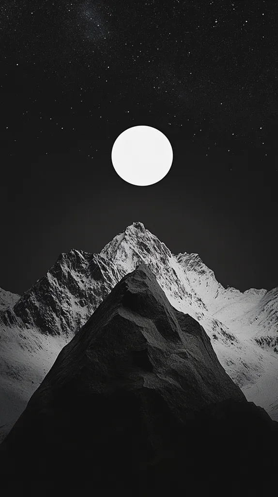 A black and white photo of a mountain range with a large, round moon in the sky. The snow-covered mountains are in the background, with a large, dark rock formation in the foreground. The sky is filled with tiny, glittering stars. The photo has a dark and mysterious feel.  The moon is bright and round, casting a soft glow on the snow.  The mountains are tall and imposing, and the rock formation is solid and steadfast.  The image evokes a sense of solitude and peace.