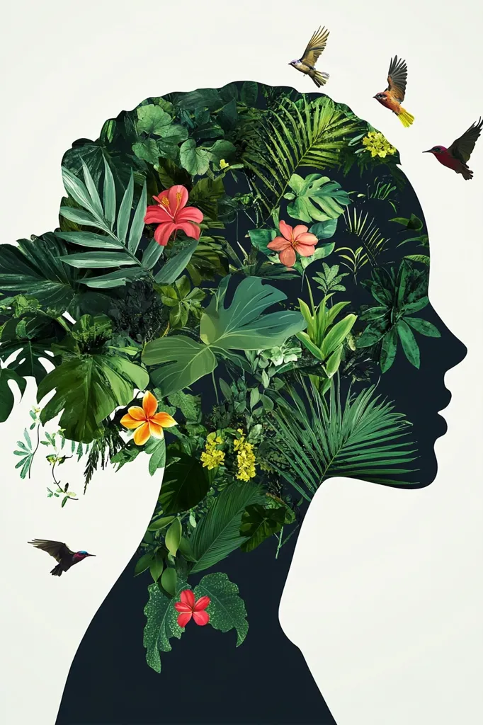 The image depicts a silhouette of a woman's head and shoulders, filled with lush tropical foliage. Bright red and yellow flowers bloom among the green leaves, while small birds flit around the composition. The artwork creates a sense of nature's abundance and beauty, suggesting a connection between the woman and the natural world.