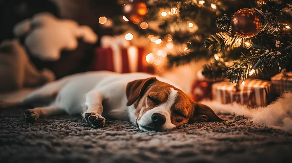 A small, white and brown dog sleeps peacefully on a fluffy rug under a Christmas tree. The tree is decorated with twinkling lights and a large, golden ornament. The dog's eyes are closed and its paws are outstretched, suggesting a comfortable and restful slumber. The warm glow of the Christmas lights illuminates the scene, creating a cozy and festive atmosphere.
