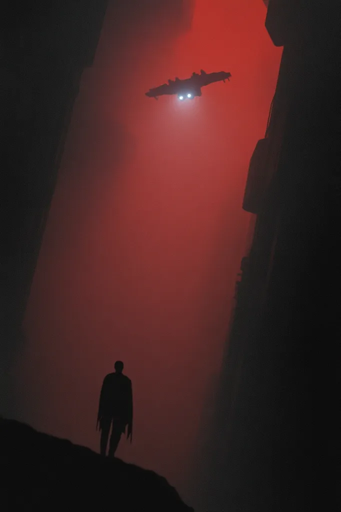 A lone figure stands on a cliff, silhouetted against a red-hued sky. Above, a small spacecraft flies past, leaving behind a faint trail of light. The scene is shrouded in a mysterious and ominous atmosphere, hinting at a story of isolation and the unknown.  The red sky suggests a potential danger or impending doom.
