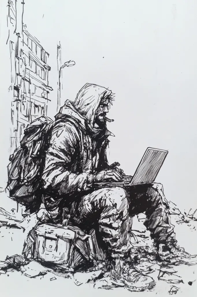 A black and white ink drawing depicts a man sitting on the ground, wearing a hooded jacket and a backpack. He is using a laptop, and the background shows a building and some debris, hinting at a post-apocalyptic setting. The man's focused expression and the setting create a sense of solitude and survival.  The intricate details of the drawing, particularly the clothing and the environment, contribute to a realistic and gritty atmosphere.