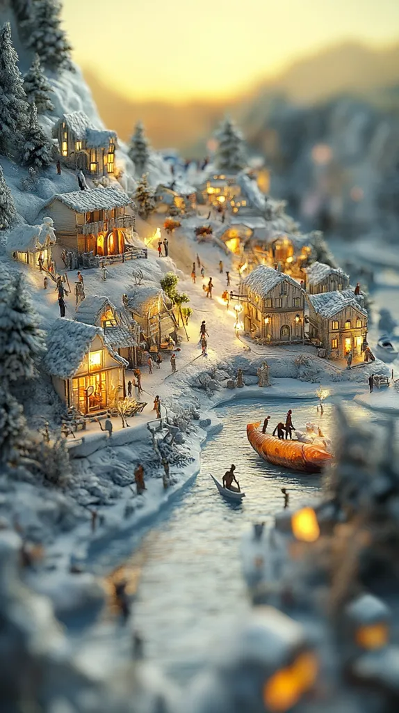The image depicts a miniature winter village nestled on a snow-covered hillside. Tiny houses with warm lights illuminate the scene. A winding river flows through the village, where a small boat with people is seen paddling. The village is bustling with miniature people going about their day, creating a charming and whimsical atmosphere. The background features a soft, golden sunset, adding a sense of warmth and tranquility.