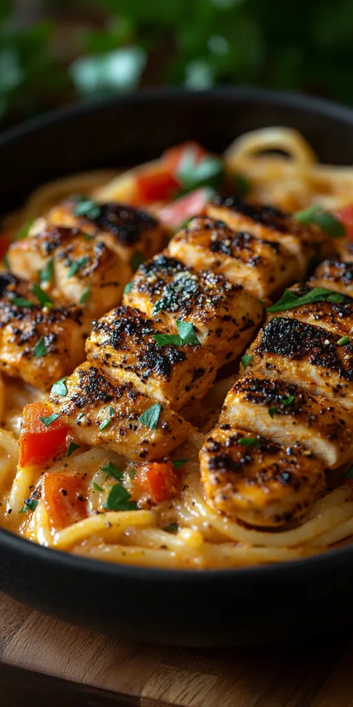 A close-up of a black bowl filled with a creamy pasta dish. The pasta is topped with grilled chicken that has been seasoned with black pepper and parsley. The dish is garnished with red bell peppers. The background is blurred, but you can see green leaves.  The image is inviting and shows the deliciousness of the food.