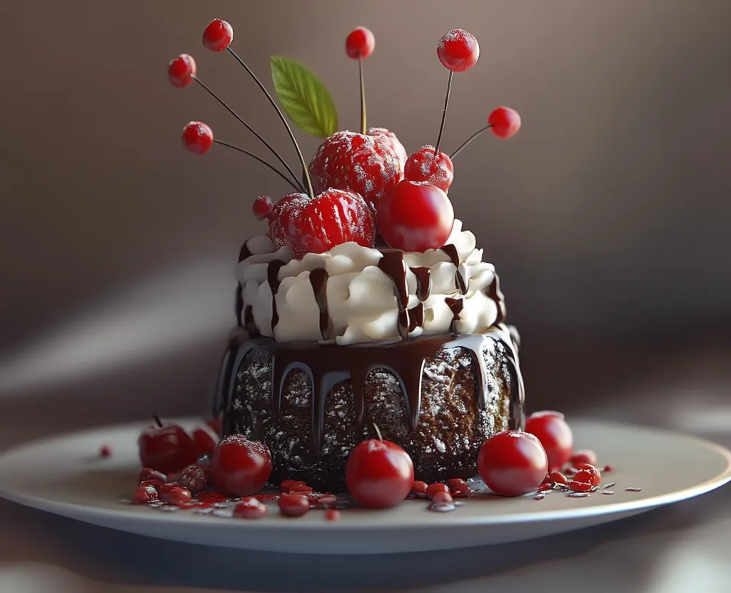 A chocolate cake sits on a white plate, topped with whipped cream and a variety of red cherries. The cake is drizzled with chocolate and sprinkled with powdered sugar. There are a few whole cherries surrounding the cake and scattered red sprinkles. The background is a soft brown, creating a warm and inviting atmosphere. The overall composition is elegant and appealing.