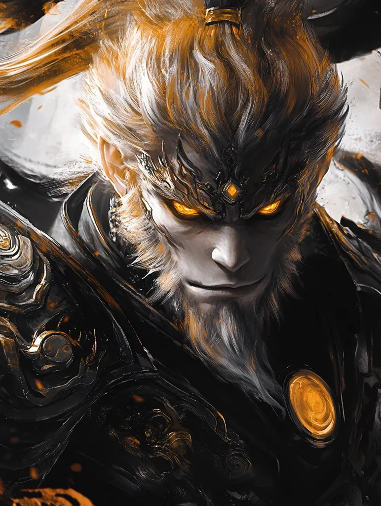 The image depicts a close-up portrait of a powerful-looking, warrior-like figure with a white beard and a long, white ponytail tied with a golden band. He is wearing a dark, intricate armor with golden accents, a crown with a large diamond on top, and his yellow eyes glare intensely. The image is rendered in a dark and dramatic style with a focus on detail and texture, suggesting a sense of power and mystery.