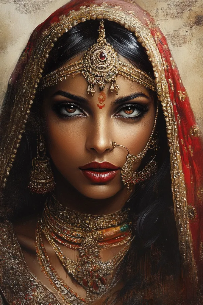 The image is a portrait of a woman with dark skin, long black hair, and dark eyes. She is wearing a red and gold sari, and is adorned with a lot of gold jewelry. Her expression is serious and her lips are painted red. The woman appears to be of Indian descent, and her ornate jewelry and clothing are traditional to South Asia. The background is blurred and muted, drawing focus to the woman's face and her intricate adornments.  The lighting is soft and warm. The image evokes a sense of luxury and beauty.