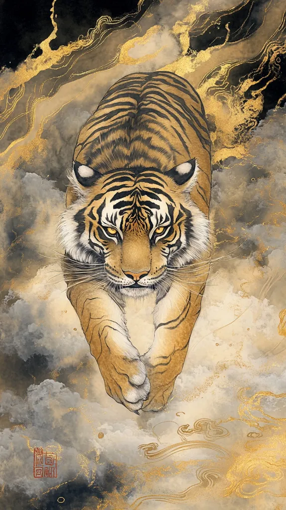 The image depicts a majestic tiger, rendered in a painterly style with detailed fur patterns. It walks towards the viewer, with a powerful and focused expression. The tiger appears to be walking on clouds, with a background of swirling gold and grey tones. The overall effect is one of both power and grace, capturing the essence of the tiger as a symbol of strength and beauty.