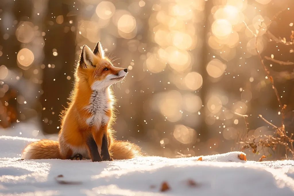 A red fox sits on a bed of snow, its eyes looking up at the falling snow and the golden sunlight filtering through the trees behind it. The fox's fur is a vibrant orange, its tail bushy and long, and its eyes sparkle in the light.  The background is a soft blur of golden bokeh, creating a warm and magical atmosphere.  The image captures the beauty of nature and the magic of a snowy winter day.