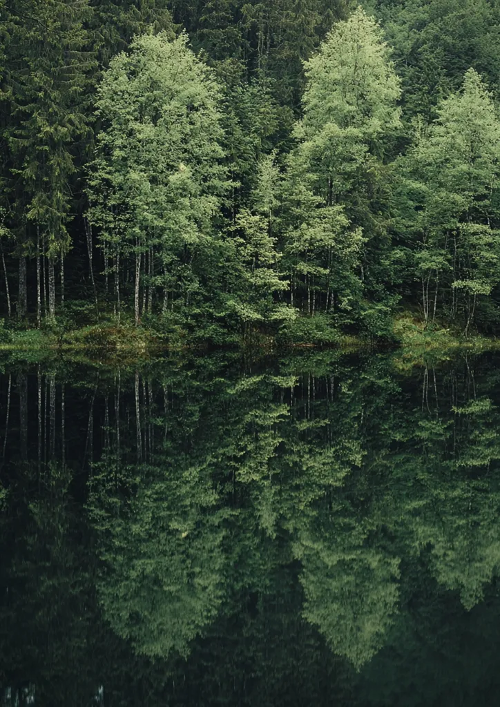 A lush, green forest line, composed of various deciduous trees, stretches across the frame. Their reflection in the calm, dark water below creates a mirrored image, doubling the scene's depth and serenity. The trees' shadows hint at the presence of a hidden sun, casting a warm glow over the scene. The overall effect is tranquil and picturesque, showcasing the beauty of nature's mirror.