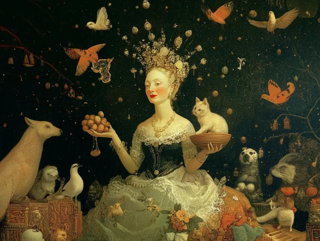 A woman in a lavish gown and jeweled crown sits amidst a fantastical landscape. She holds a bowl of fruit in one hand and a cat in another. A deer, a bird, and other creatures surround her, while the background is filled with swirling, celestial objects. The scene is an intricate and whimsical portrayal of a fantastical world.