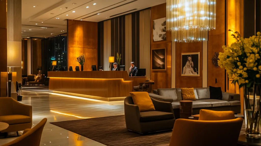 The image shows the lobby of a luxurious hotel. The reception desk is made of dark wood and is lit with warm yellow lighting. There are two people behind the desk, one male and one female. The lobby is decorated with plush armchairs and sofas, and there is a large vase of yellow flowers in the corner. The overall atmosphere is sophisticated and inviting.